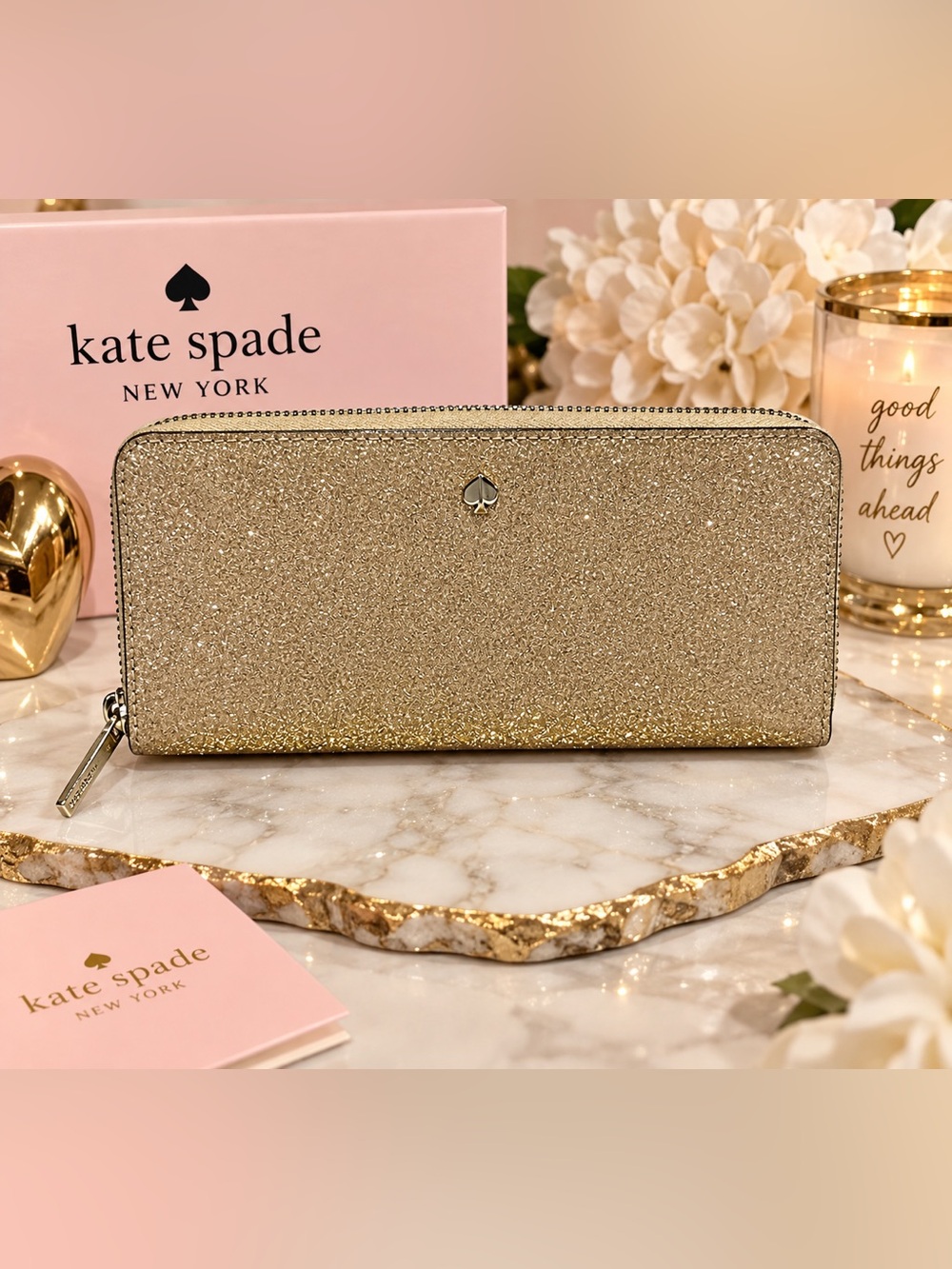 Kate Spade Burgess Court Slim Continental Glitter Wallet Pale Gold EUC